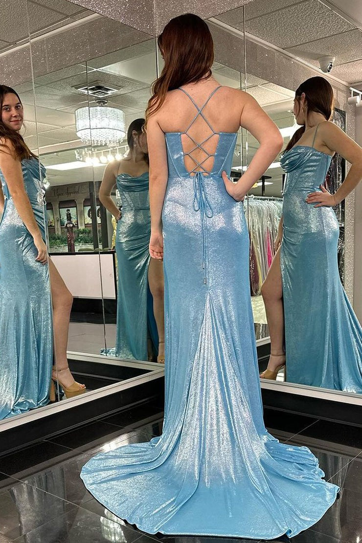 Light Blue Satin Mermaid Cowl Neck Glitter Long Prom Dress