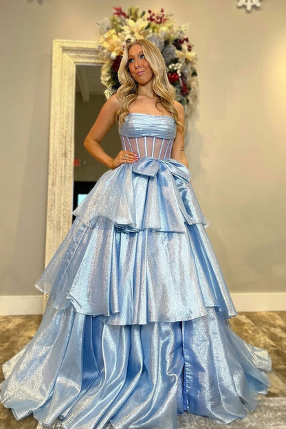 Light Blue Organza Gorgeous Ball Gown Strapless Prom Dress with Bow and Slit