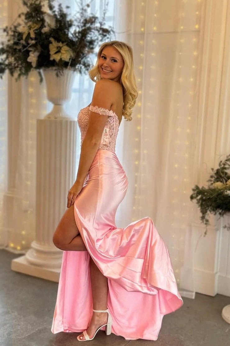 Stretch Satin Mermaid Off the Shoulder Prom Dress with Slit