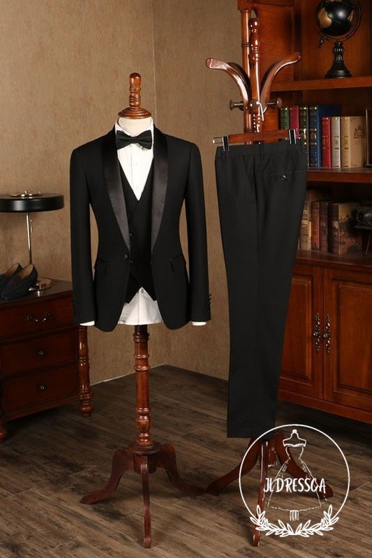 All Black Three-pieces Custom Wedding Suit For Grooms, SU25057