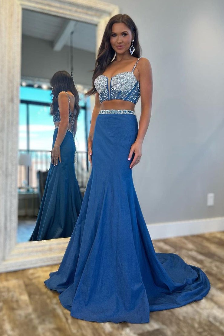 Blue Beaded Two Piece Long Prom Dress