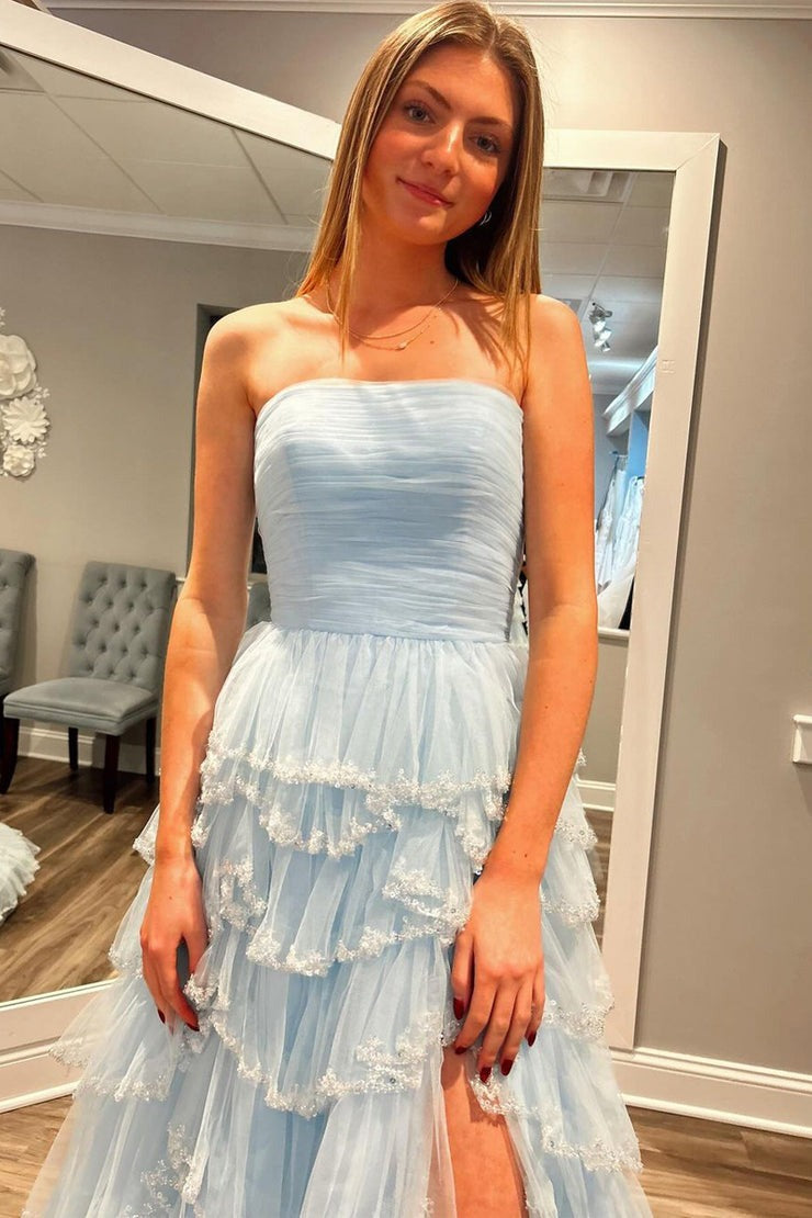 Light Blue Tulle A-Line Strapless Long Prom Dresses with Slit