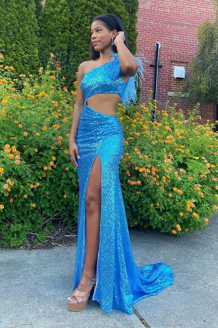 Sparkly Mermaid One Shoulder Blue Sequins Long Prom Dress with Feather