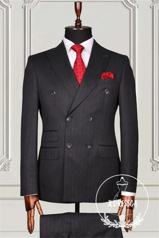 Classic Black Striped Double Breasted Men Suits, SU25090