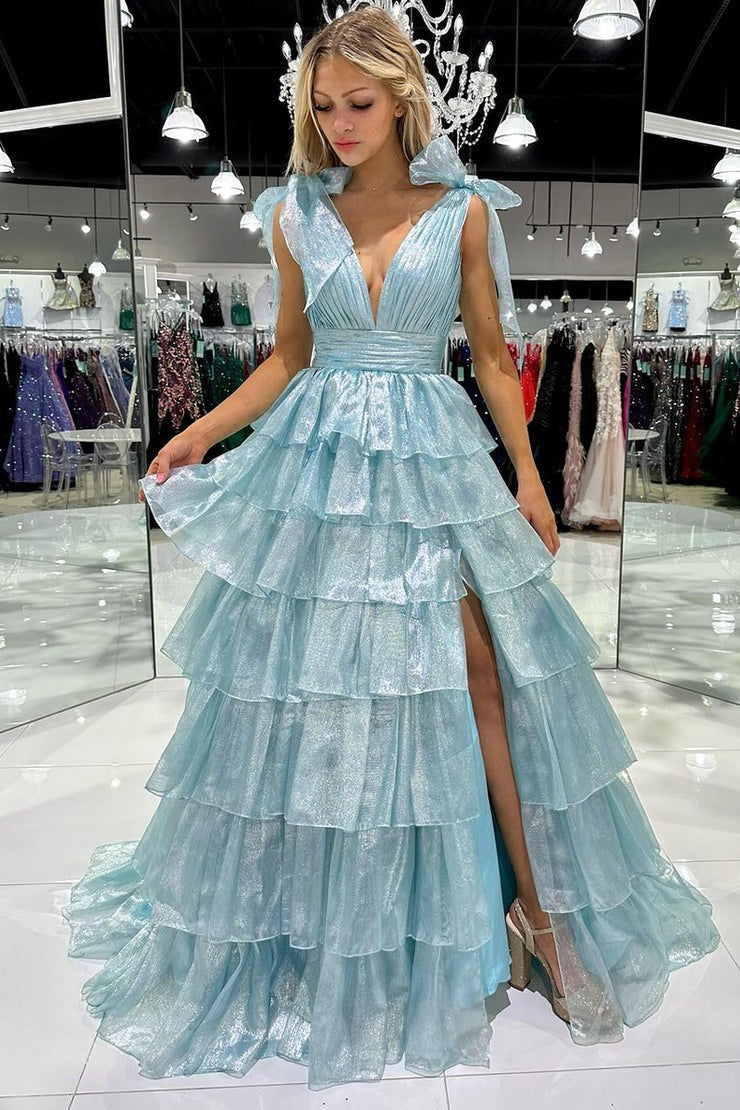 Light Blue V Neck Tiered Ruffle Long Prom Dresses with Slit