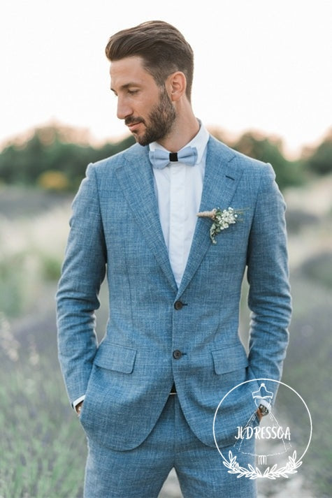 Ocean Blue Linen Summer Beach Groom Wedding Suits Casual Man Blazer Tuxedo, SU25018