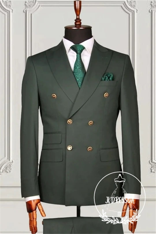 Dark Green Modern Double Breasted Best Fitted Prom Men Suits, SU25110