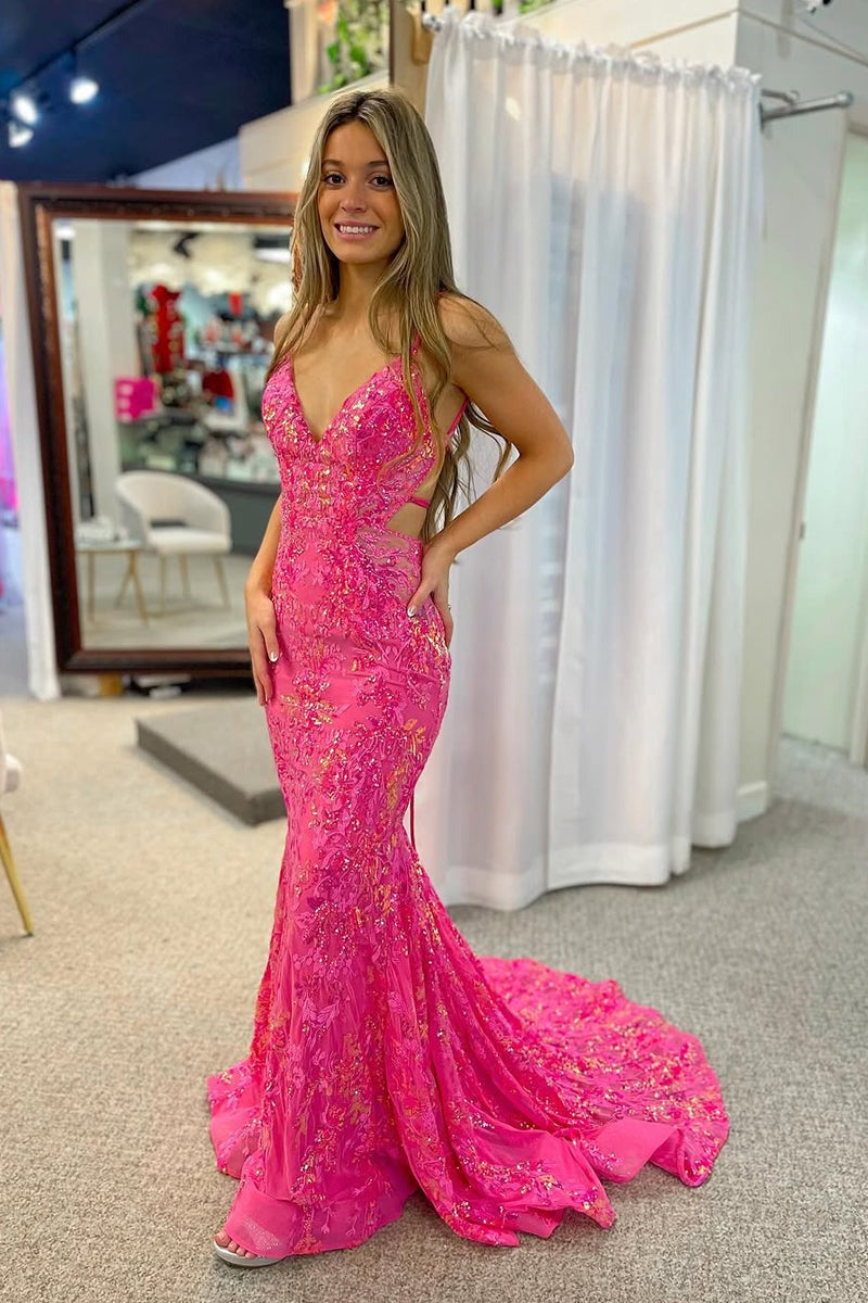 Hot Pink V Neck Mermaid Sequins Lace Long Prom Dress, PD25764