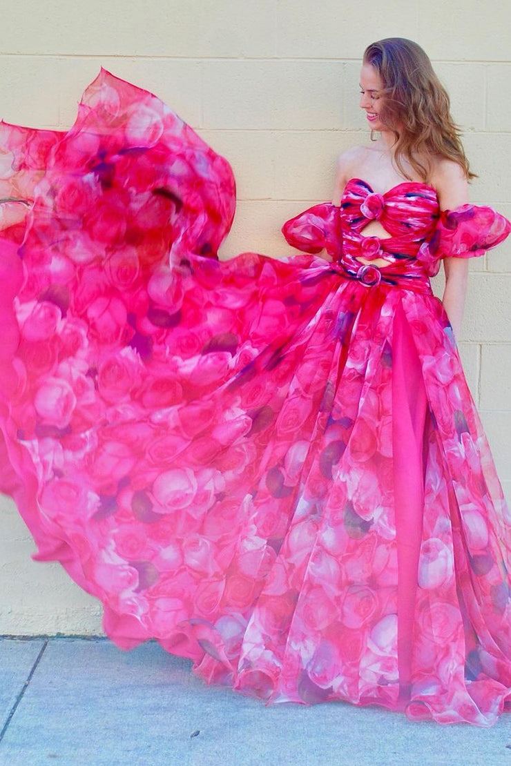 Strapless Floral Printed Long Prom Dress with Pockets, PD25111