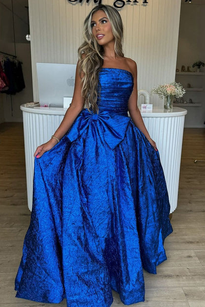 Strapless A Line Royal Blue Sequins Long Prom Dress with Bow