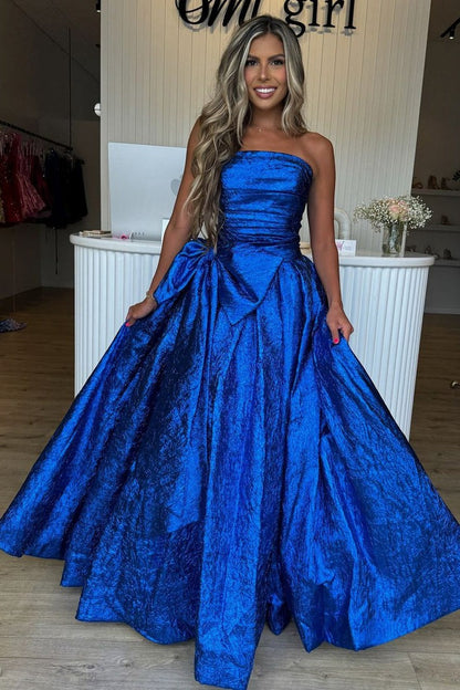 Strapless A Line Royal Blue Sequins Long Prom Dress with Bow