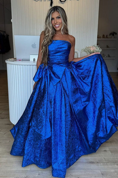 Strapless A Line Royal Blue Sequins Long Prom Dress with Bow