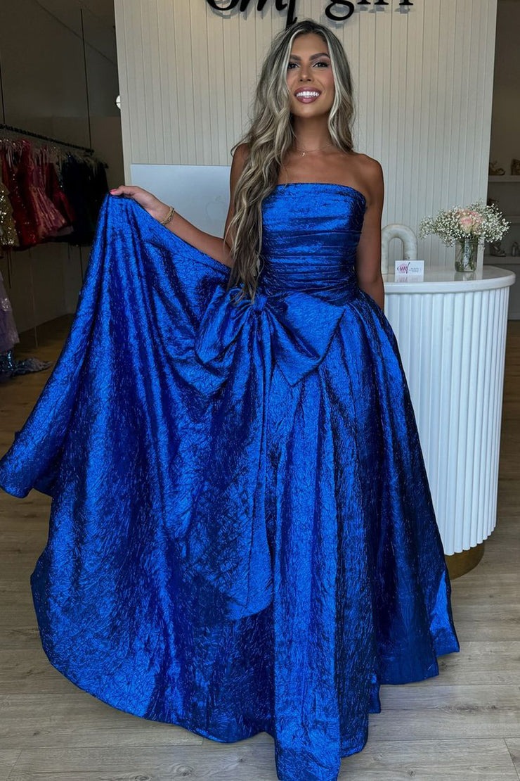 Strapless A Line Royal Blue Sequins Long Prom Dress with Bow