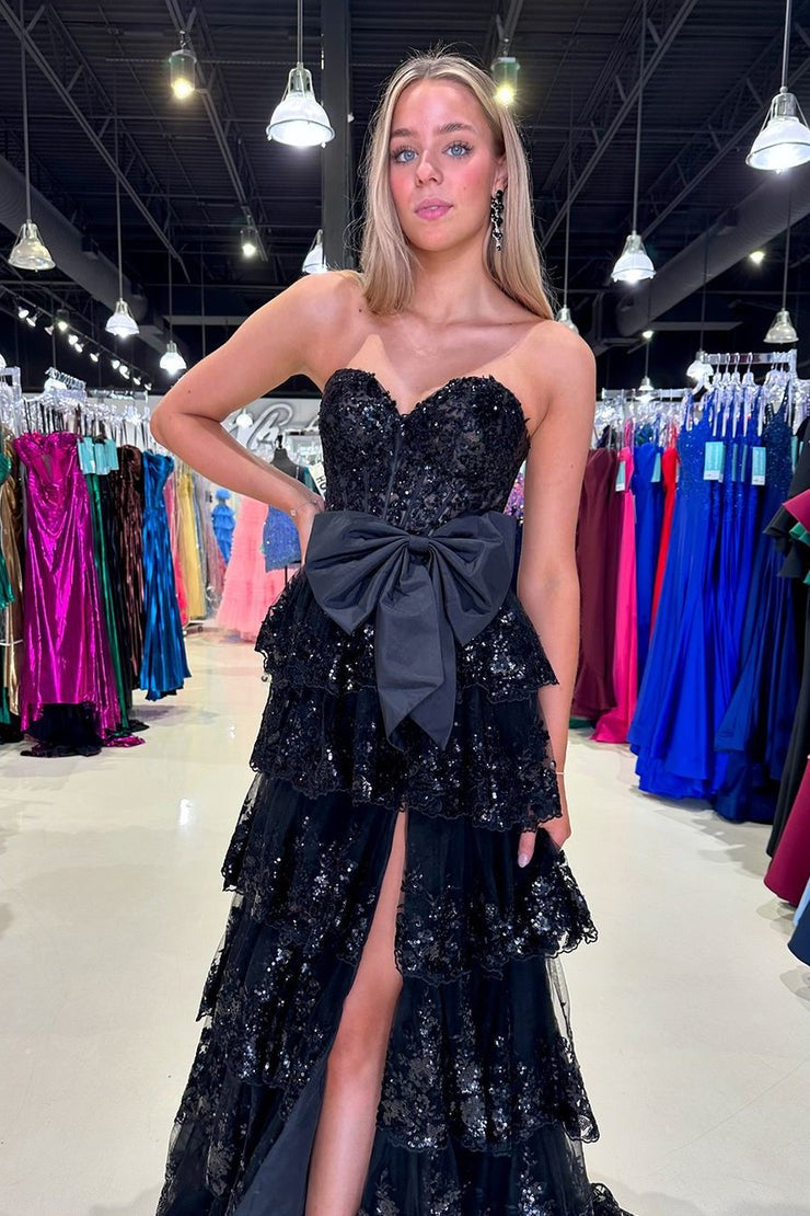 Sweetheart A Line Black Ruffle Tiered Long Homecoming Dresses with Bow