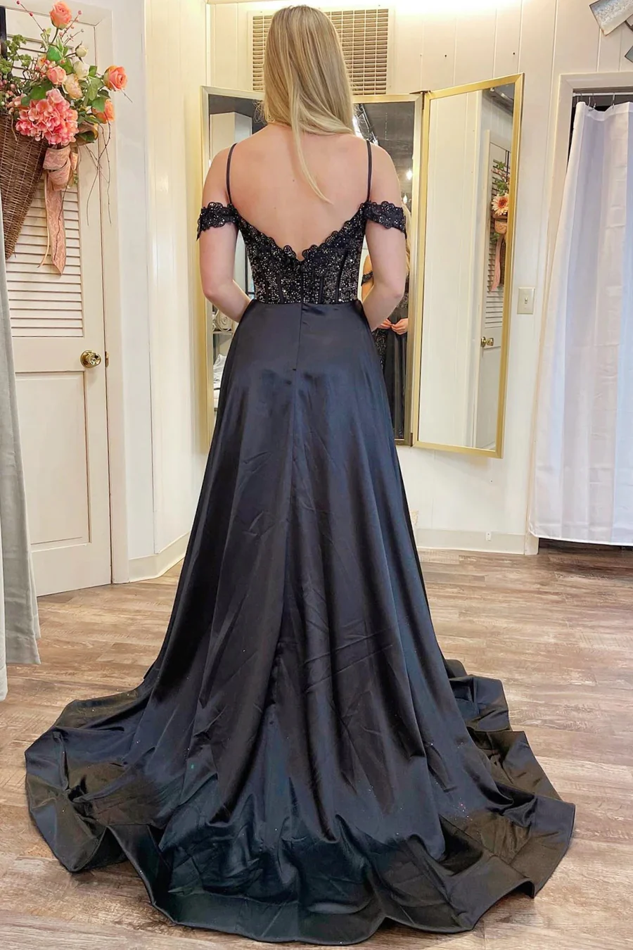 Black A-Line Cold-Shoulder Beaded Prom Dresses, PD2404251