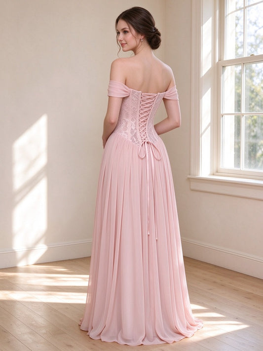 Off the Shoulder Lace Corset Chiffon Long Bridesmaid Dress, BD260100