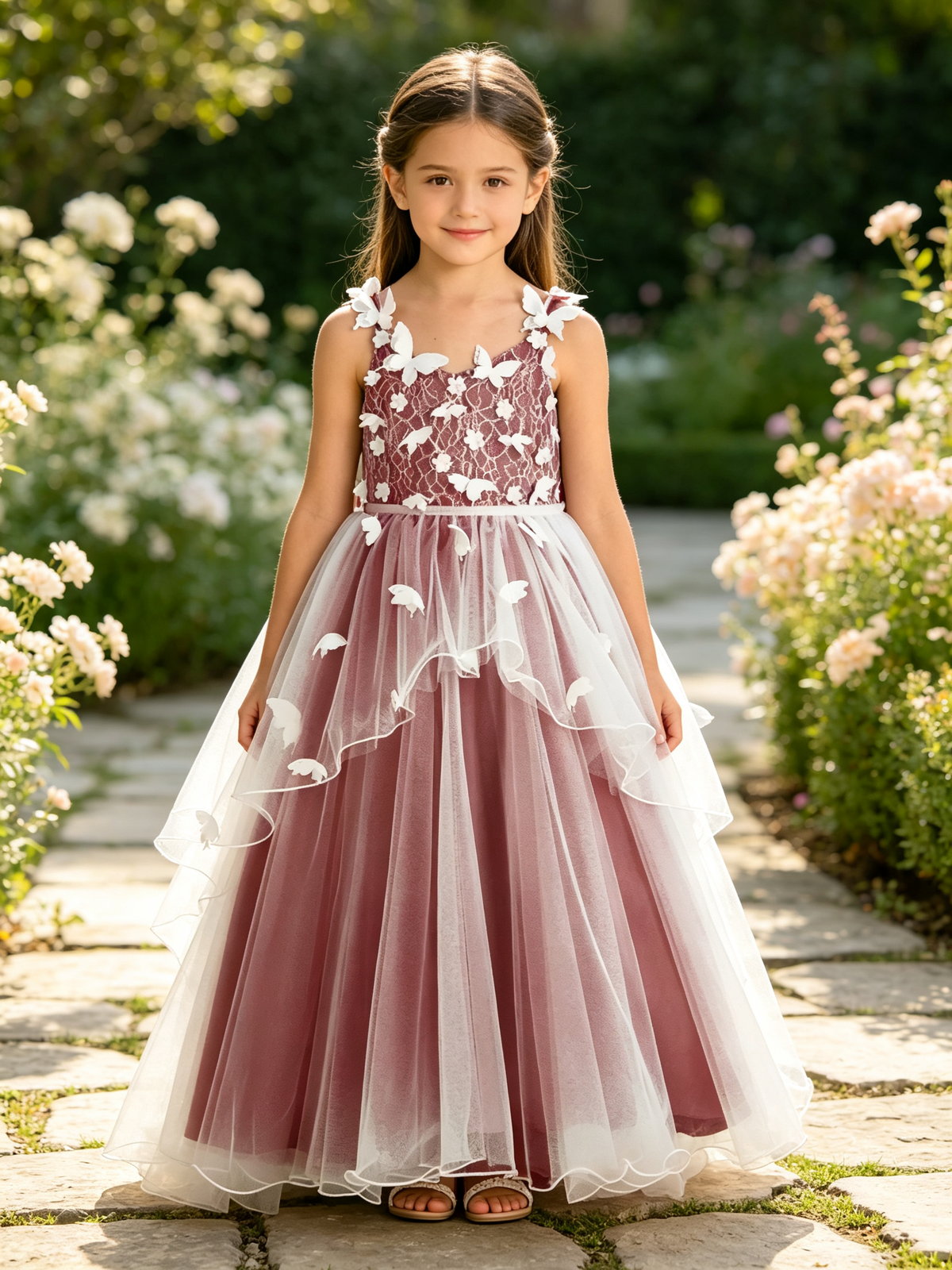 Girls Burgundy Lace Flower Girl Dress 3D Butterfly Appliques Layered Tulle with Big Back Bow for Wedding, C003