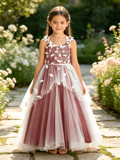 Girls Burgundy Lace Flower Girl Dress 3D Butterfly Appliques Layered Tulle with Big Back Bow for Wedding, C003