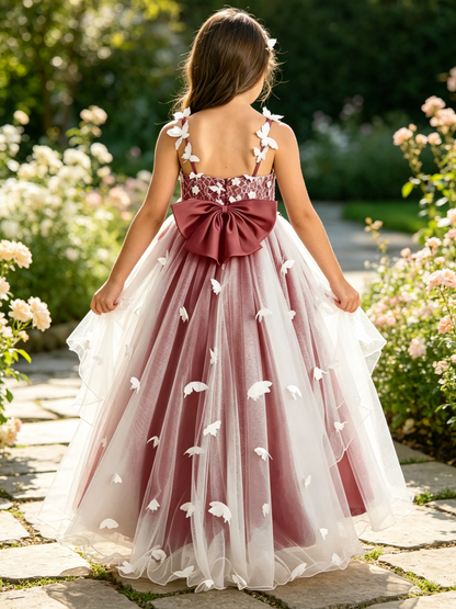 Girls Burgundy Lace Flower Girl Dress 3D Butterfly Appliques Layered Tulle with Big Back Bow for Wedding, C003