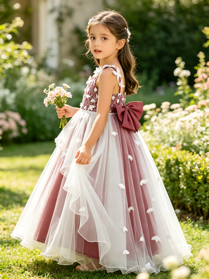 Girls Burgundy Lace Flower Girl Dress 3D Butterfly Appliques Layered Tulle with Big Back Bow for Wedding, C003