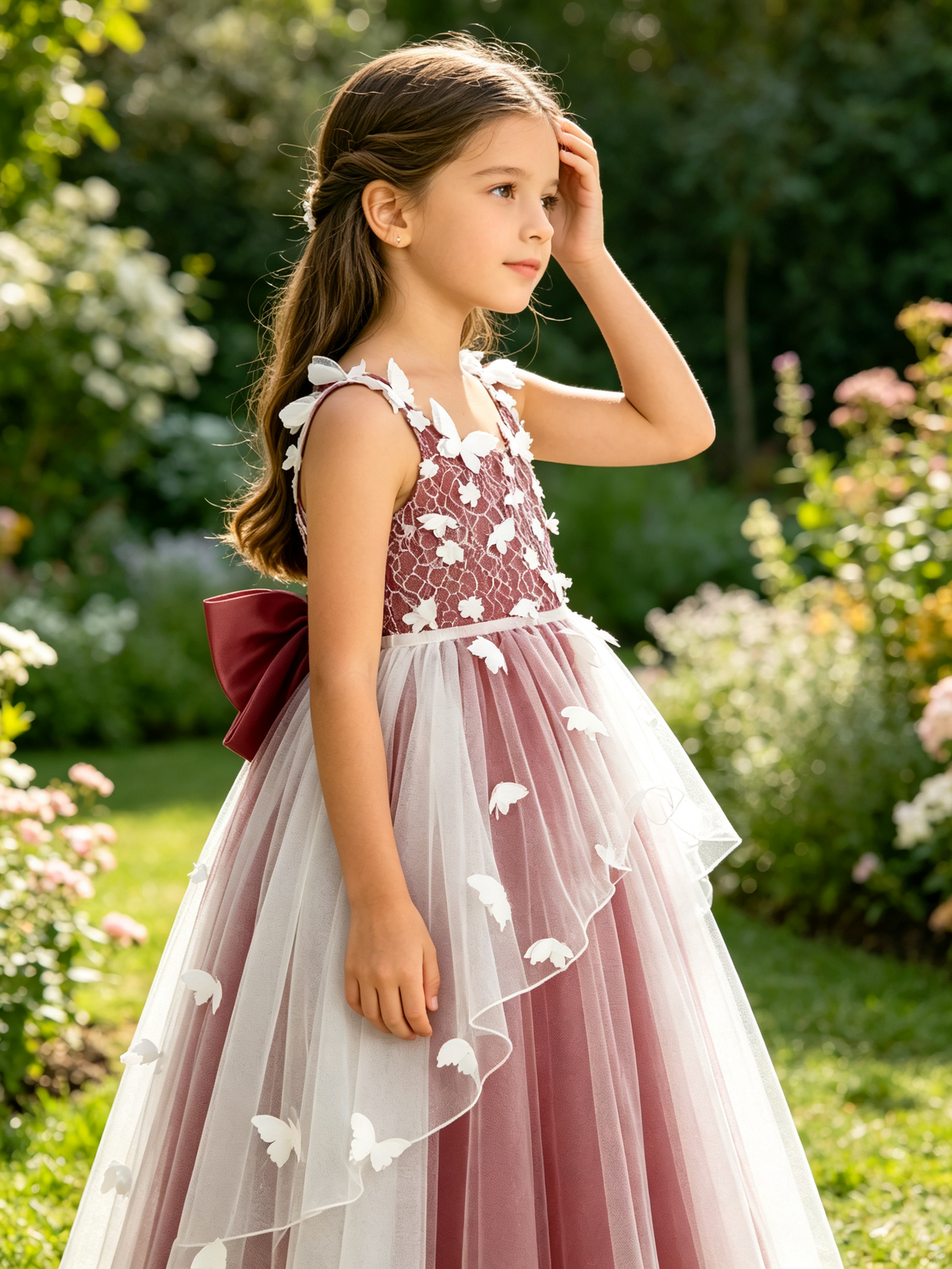 Girls Burgundy Lace Flower Girl Dress 3D Butterfly Appliques Layered Tulle with Big Back Bow for Wedding, C003