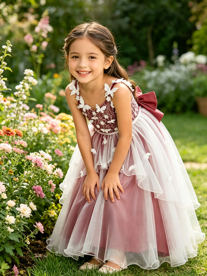 Girls Burgundy Lace Flower Girl Dress 3D Butterfly Appliques Layered Tulle with Big Back Bow for Wedding, C003