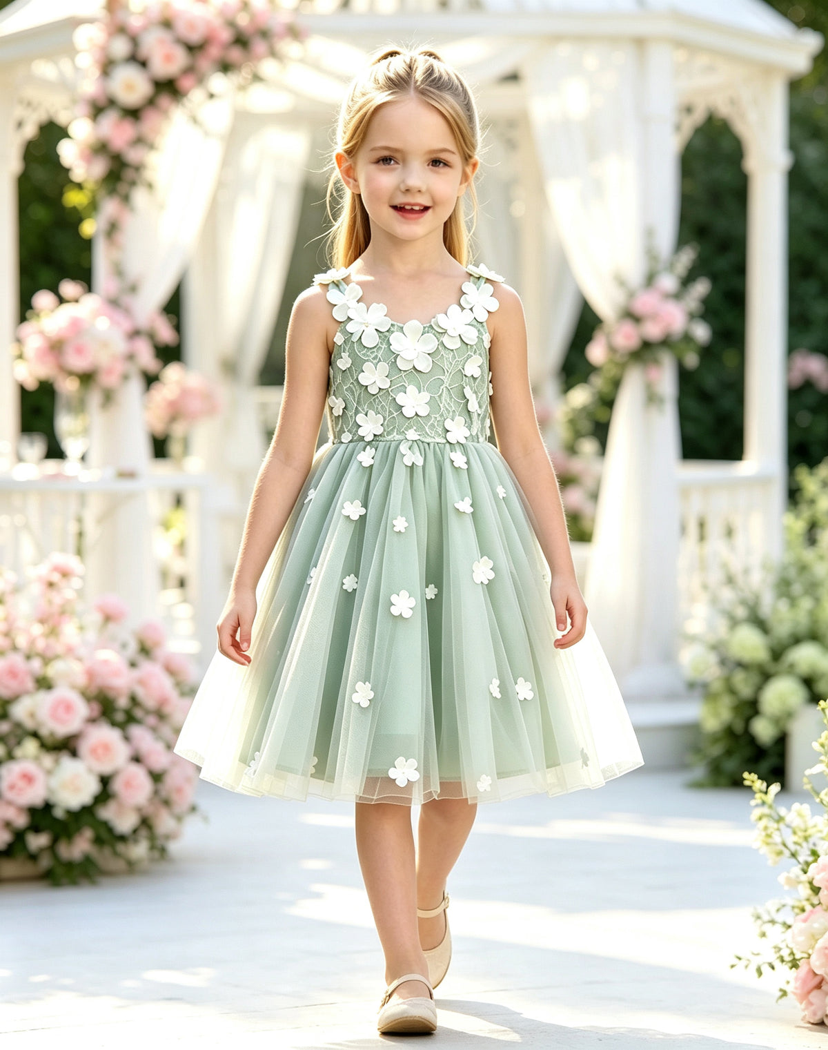Girls Sage Tulle Flower Girl Dress 3D Floral Appliques Knee Length with Lace-up Bow Back for Wedding, C004