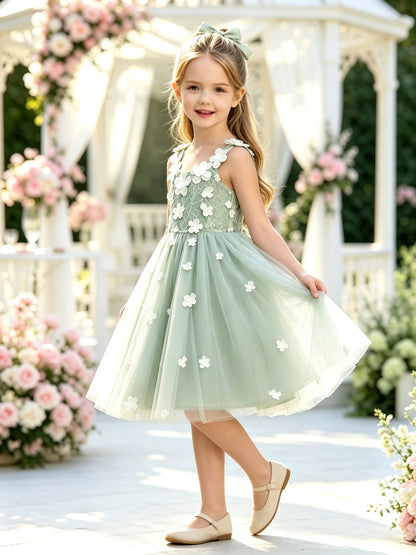 Girls Sage Tulle Flower Girl Dress 3D Floral Appliques Knee Length with Lace-up Bow Back for Wedding, C004