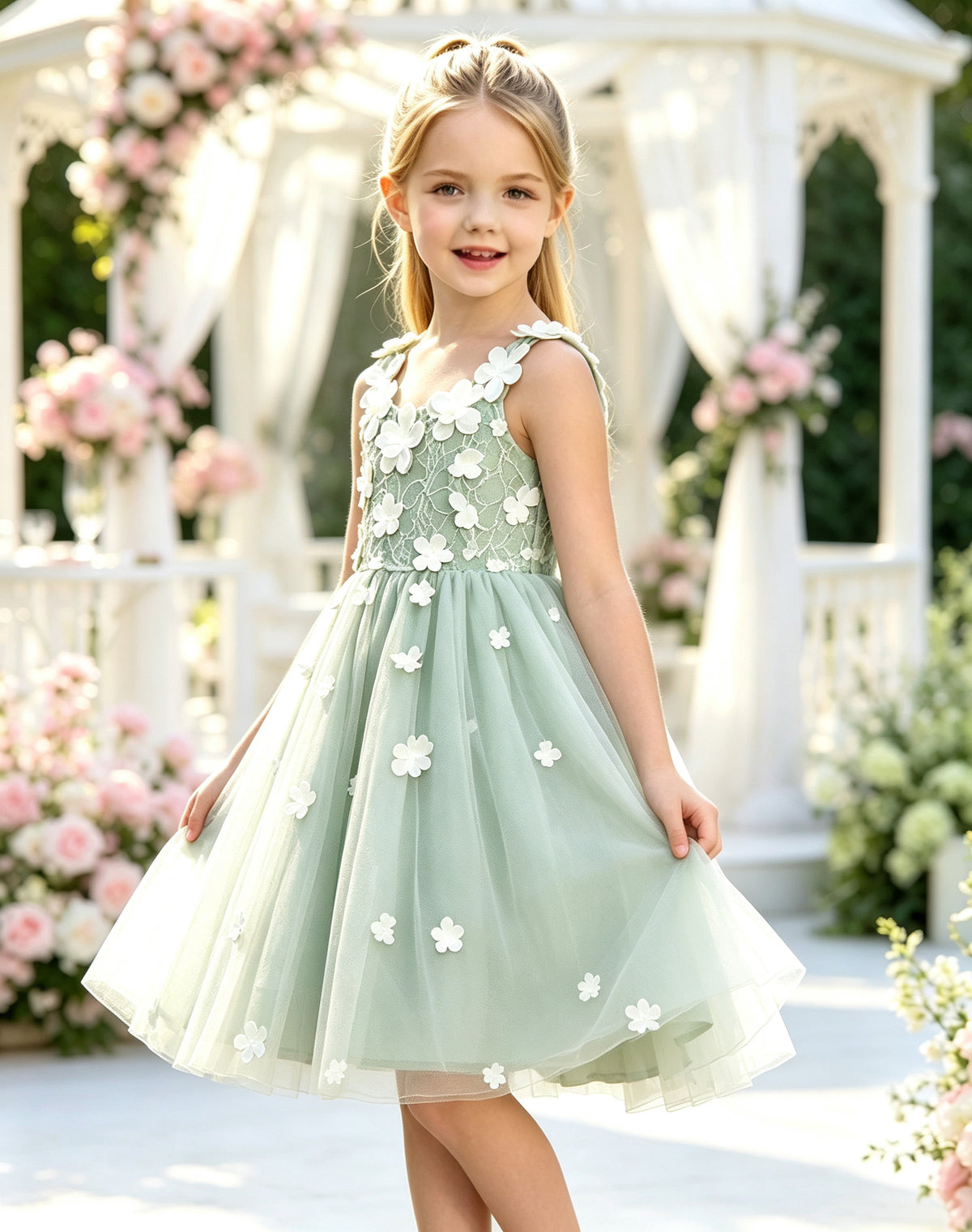 Girls Sage Tulle Flower Girl Dress 3D Floral Appliques Knee Length with Lace-up Bow Back for Wedding, C004
