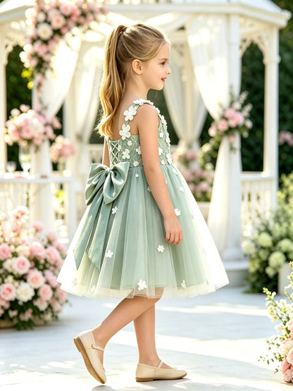 Girls Sage Tulle Flower Girl Dress 3D Floral Appliques Knee Length with Lace-up Bow Back for Wedding, C004