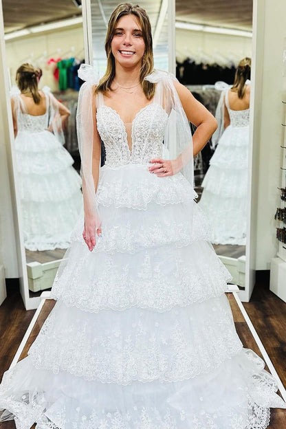 V Neck A Line White Ruffle Tiered Sequins Long Prom Dress, PD25062