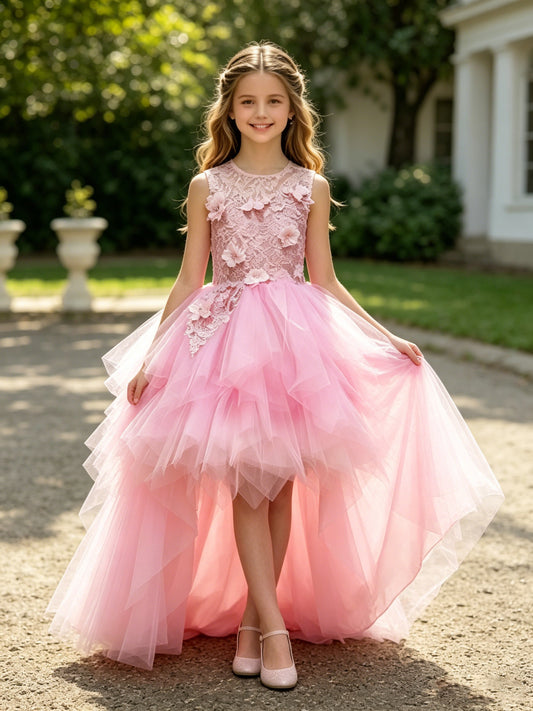 Girls Pink 3D Floral Lace Flower Girl Dress Sleeveless High Low Layered Tulle Ball Gown for Wedding, FGD06