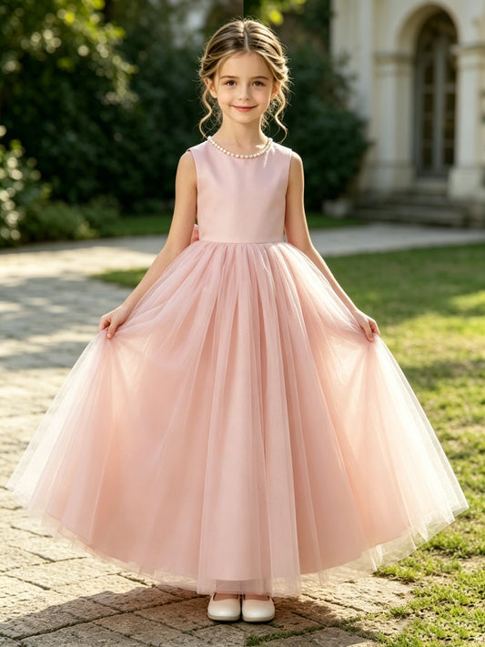 Girls Blush Satin Tulle Flower Girl Dress Sleeveless A-Line with Pearl Button V Back and Big Bow for Wedding, FGD07