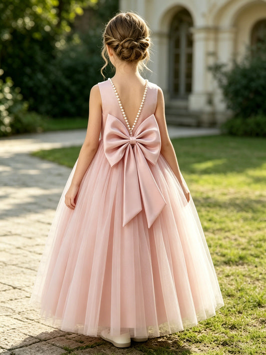 Girls Blush Satin Tulle Flower Girl Dress Sleeveless A-Line with Pearl Button V Back and Big Bow for Wedding, FGD07