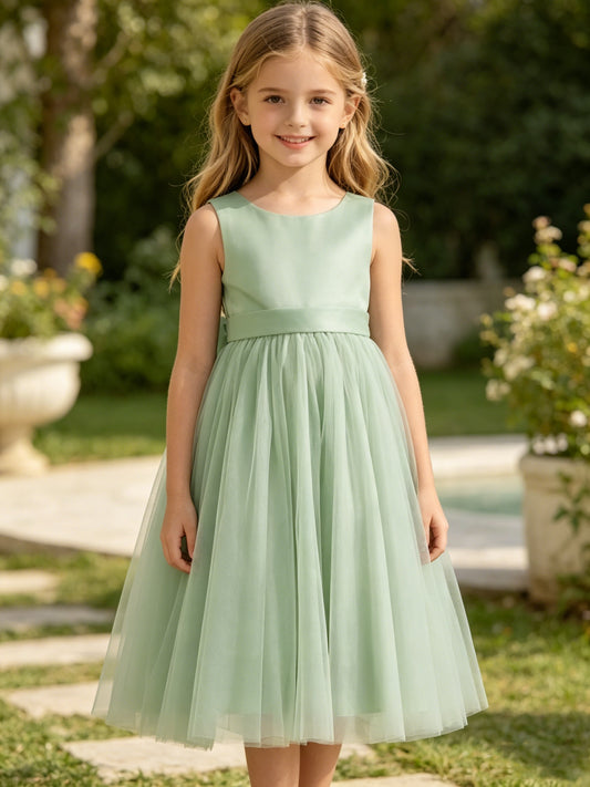 Girls Sage Satin Tulle Flower Girl Dress Scoop Neck Sleeveless Tea Length A-Line with Back Bow for Wedding, FGD08