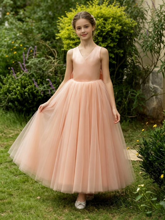 Girls Peach Satin Tulle Flower Girl Dress V Neck Sleeveless Ball Gown with Criss Cross Back and Big Bow for Wedding, FGD09