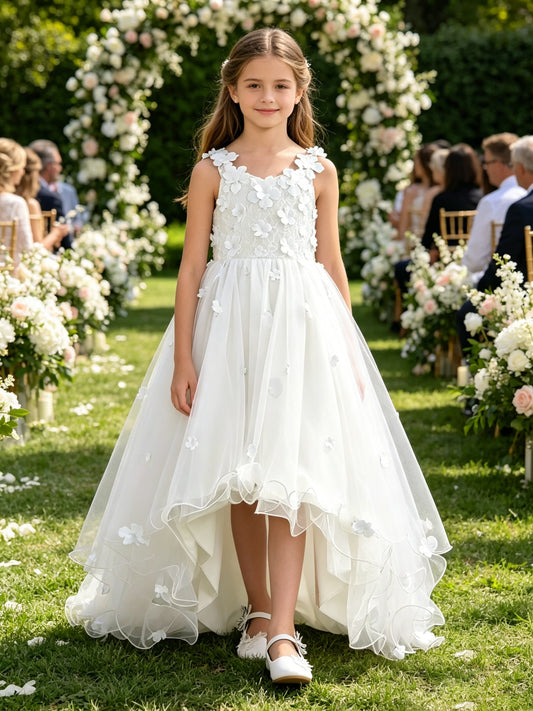 Girls White 3D Floral Applique Tulle Flower Girl Dress V Neck High Low with Big Back Bow for Wedding, FGD10