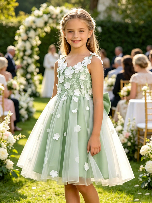 Girls Sage 3D Floral Applique Tulle Flower Girl Dress V Neck Knee Length with Big Satin Back Bow for Wedding, FGD11