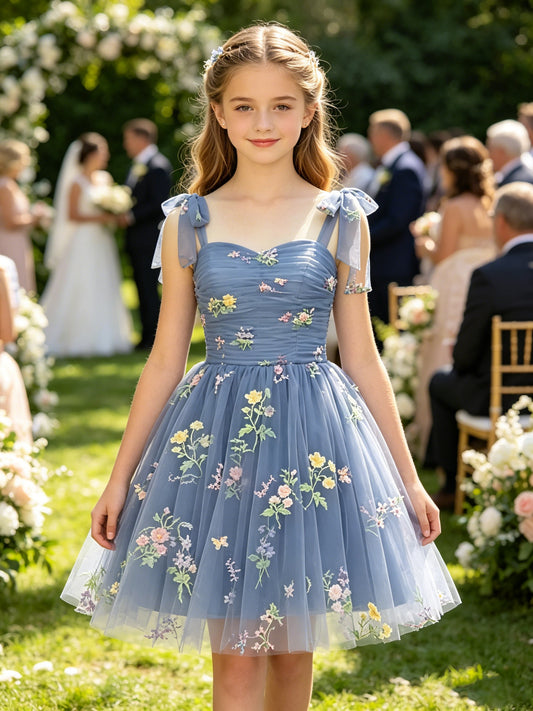 Girls Dusty Blue Floral Embroidered Tulle Flower Girl Dress Sweetheart Bow Straps Knee Length with Lace-up Back for Wedding, FGD12