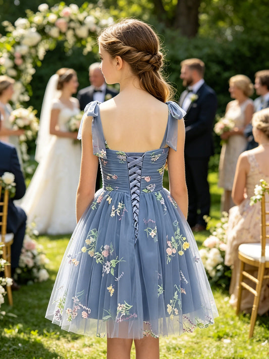 Girls Dusty Blue Floral Embroidered Tulle Flower Girl Dress Sweetheart Bow Straps Knee Length with Lace-up Back for Wedding, FGD12