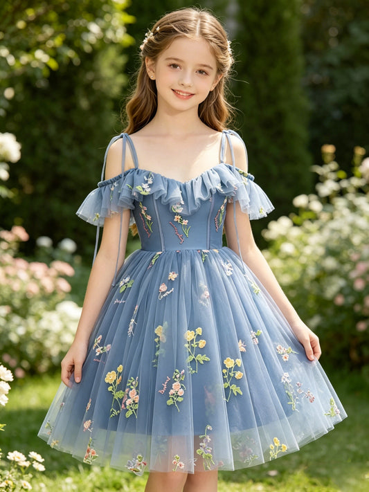 Girls Dusty Blue Floral Embroidered Tulle Flower Girl Dress Ruffle Cold Shoulder Corset Bodice Knee Length for Wedding, FGD13