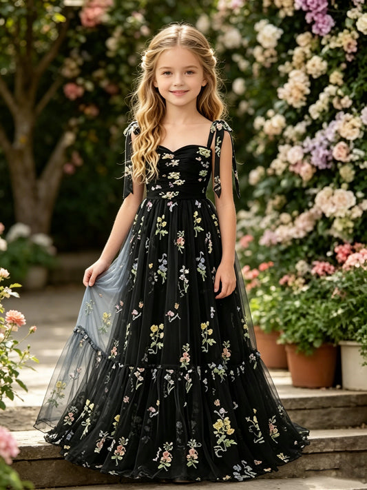 Girls Black Floral Embroidered Tulle Flower Girl Dress Sweetheart Bow Straps Floor Length with Lace-up Back for Wedding, FGD14