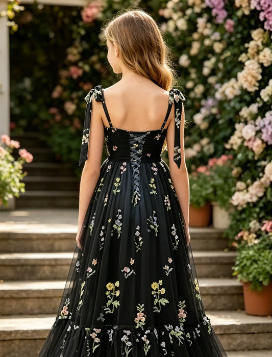 Girls Black Floral Embroidered Tulle Flower Girl Dress Sweetheart Bow Straps Floor Length with Lace-up Back for Wedding, FGD14