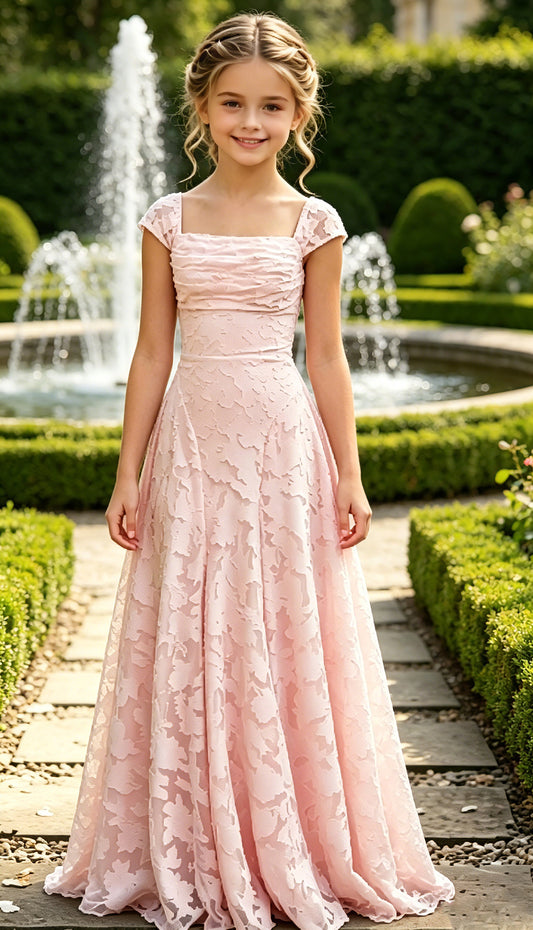 Girls Pink Lace Flower Girl Dress Square Neck Cap Sleeves Floor Length A-Line with Lace-up Back for Wedding, FGD15