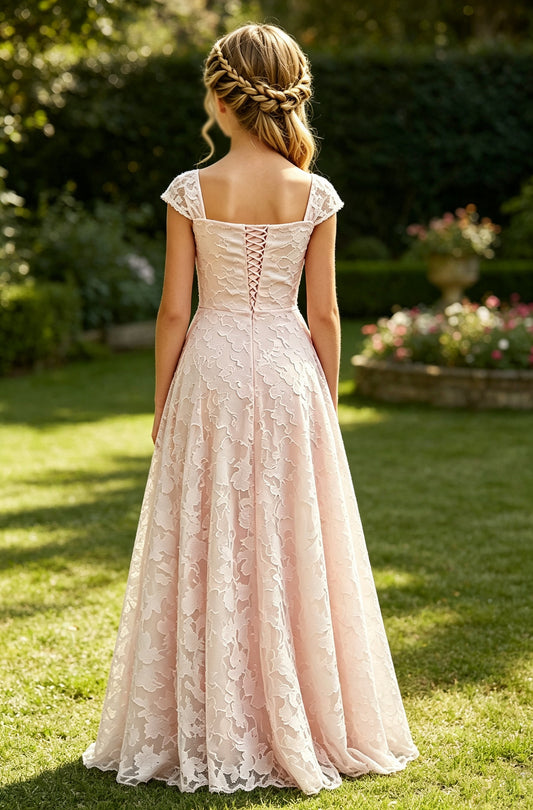 Girls Pink Lace Flower Girl Dress Square Neck Cap Sleeves Floor Length A-Line with Lace-up Back for Wedding, FGD15