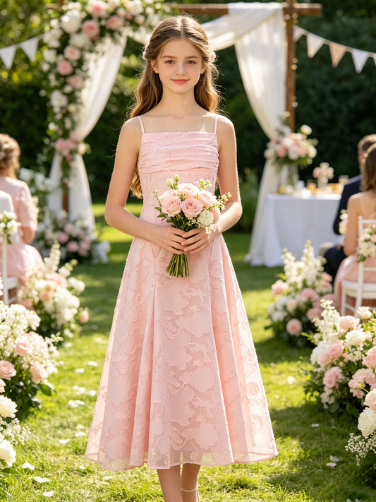 Girls Pink Floral Jacquard Flower Girl Dress Spaghetti Straps Ruched Bodice Tea Length A-Line for Wedding, FGD16