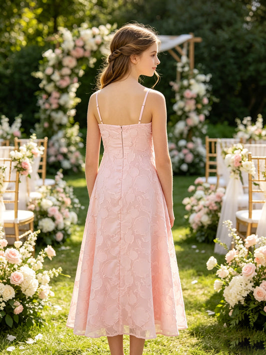 Girls Pink Floral Jacquard Flower Girl Dress Spaghetti Straps Ruched Bodice Tea Length A-Line for Wedding, FGD16
