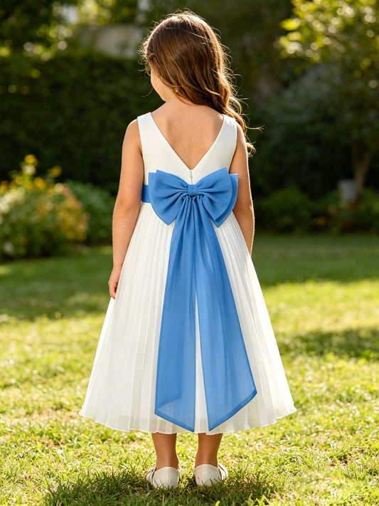 Girls Ivory Pleated Chiffon Flower Girl Dress Sleeveless Tea Length with Contrast Sash and Big Back Bow for Wedding, FGD17