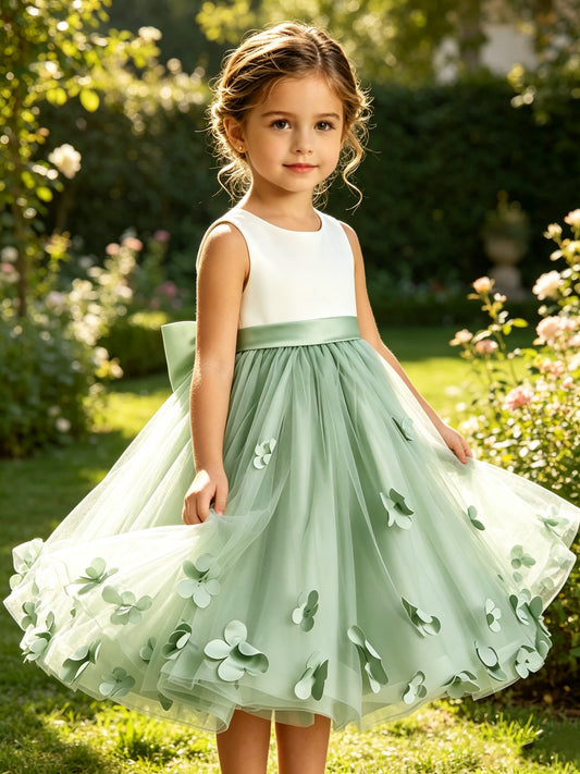 Girls Sage Tulle Flower Girl Dress Ivory Satin Bodice 3D Petal Appliques Knee Length with Big Back Bow for Wedding, FGD18