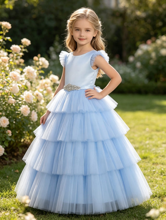 Girls Sky Blue Satin Flower Girl Dress Ruffle Cap Sleeves Tiered Tulle Ball Gown with Rhinestone Belt for Wedding, FGD19